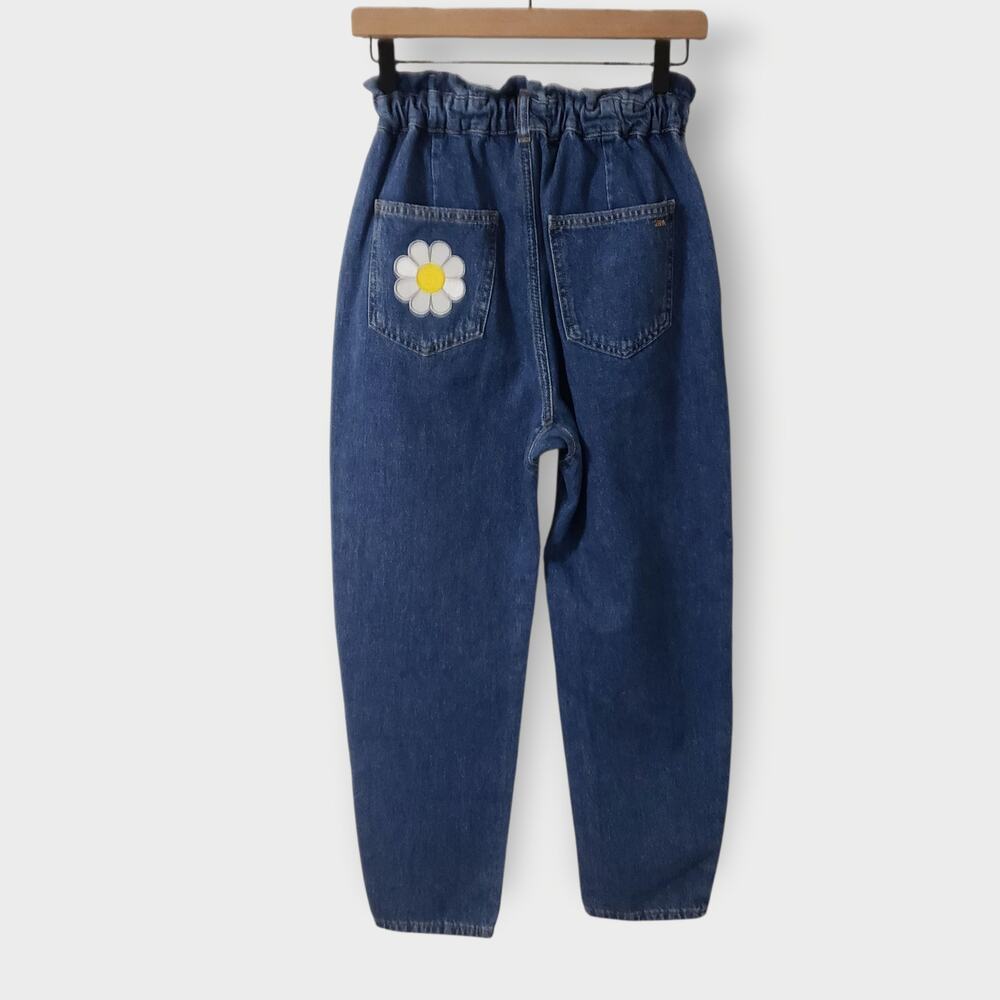 Zara Womens Paperbag Barrel Leg Jeans Floral Daisy Embroidered Sz 2 Boho Modern